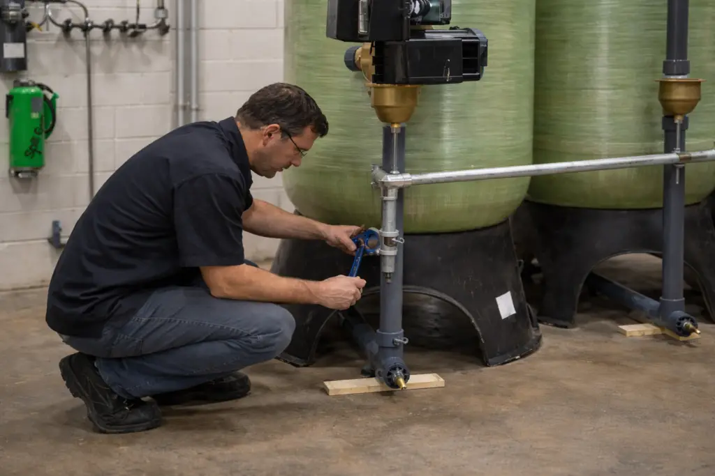 Technician servicing water softener connection